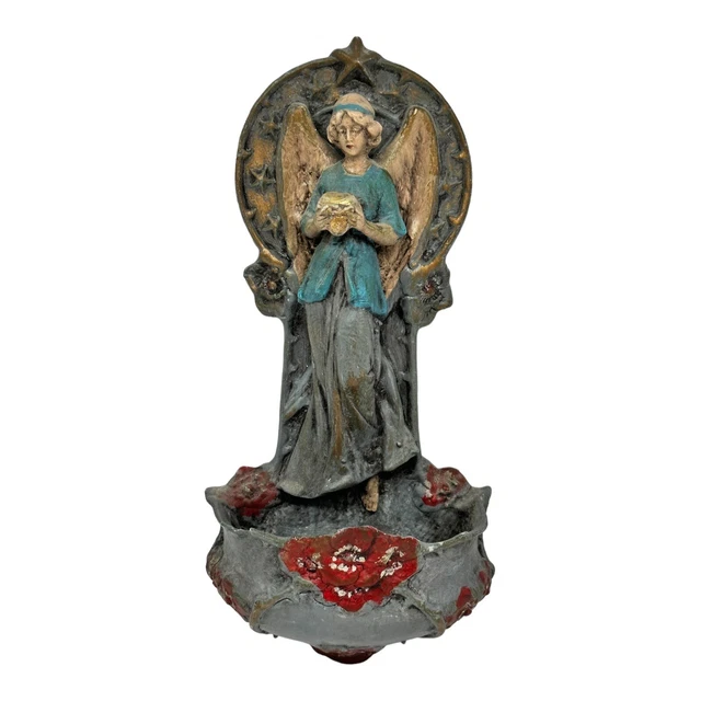 Vintage DEP Hand Painted Porcelain Bisque Angel Holy Water Wall Font Germany 9”