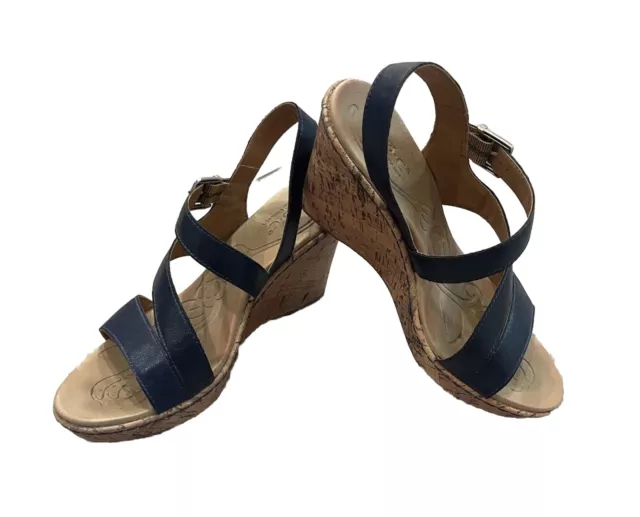 BOC Women Size 8 Schirra Wedge Sandals Blue Cork Faux Leather High Heel Comfort