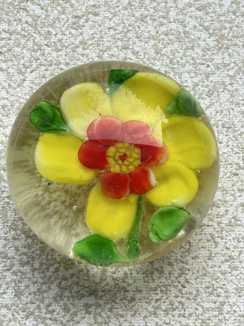 Vintage Orange Yellow Green Flower In Glass  Paperweight Art Glass Office Decor