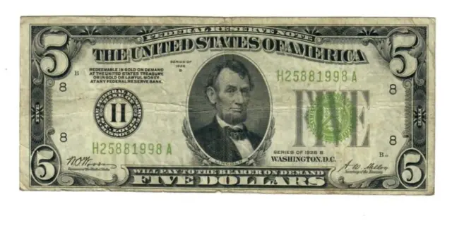 1928B $5 FRN Light Green Seal St. Louis VF