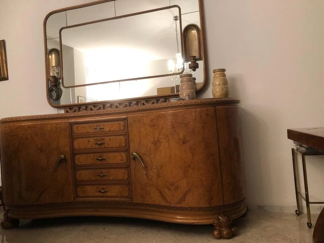 Credenza antica anni '40 in radica di noce con specchiera