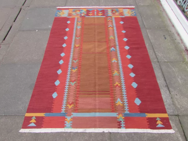 Kilim Vintage Tradizionale Fatto a Mano Lana Rossa Marrone Orientale Kilim 187x127cm