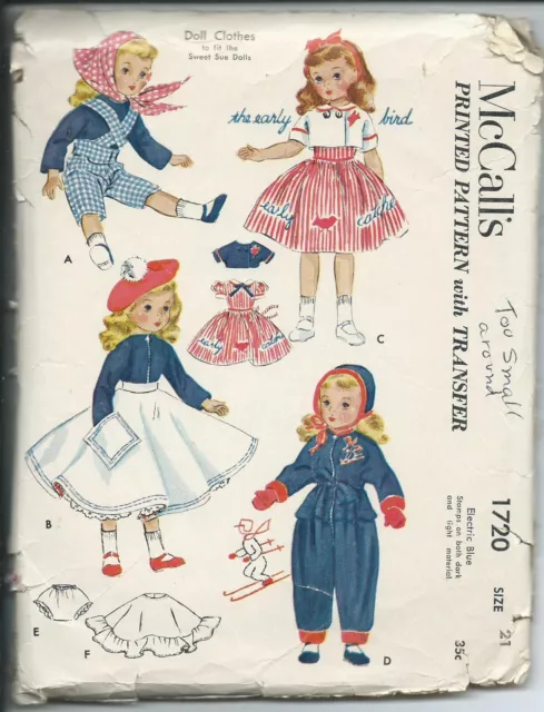 M 1720 sewing pattern 21" Sweet Sue DOLL CLOTHES sew cute 50's Styles + TRANSFER