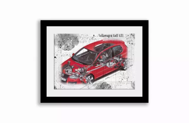 Line Tech Drawing  Volkswagen Golf GTI    Cutaway Art Poster Print