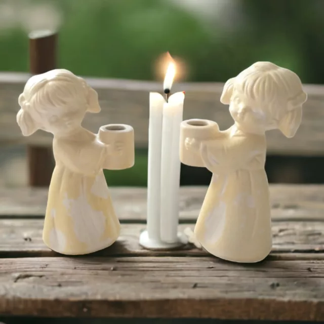 Angel Cherub Candle Holders Vtg 70s Patina Tapers Japan Shabby Colonial Candle