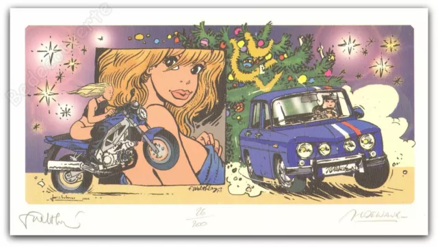 Ex-libris Walthéry Delvaux voiture Renault 8 Gordini 200ex Signé 16,5x29,7