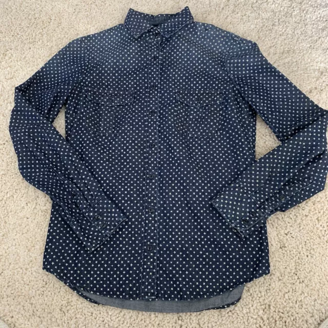 J. Crew Blue Denim Shirt Womens Sz 4 Star Pattern Button Front Top Blouse Indigo