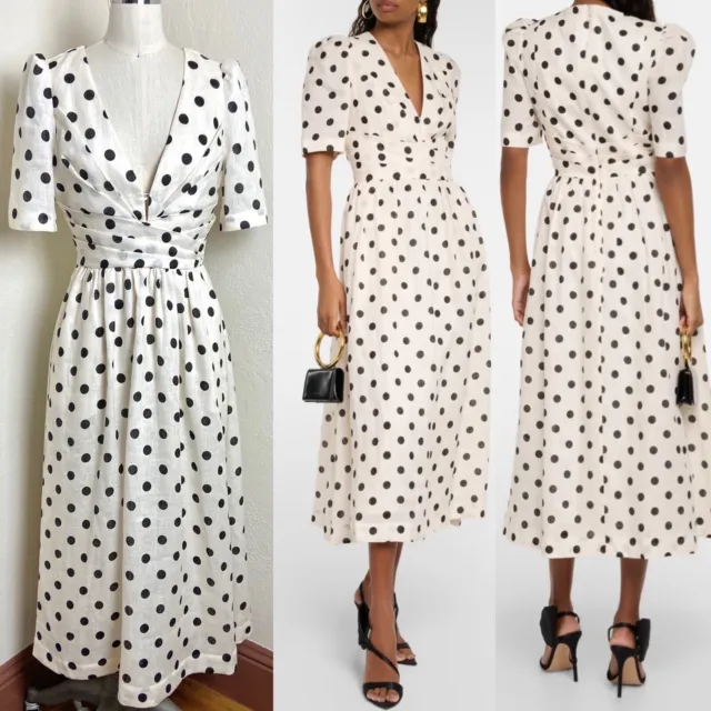 $695 Zimmermann Polka Dot Linen Retro V Neck MIDI Dress Size 0 XS NWT