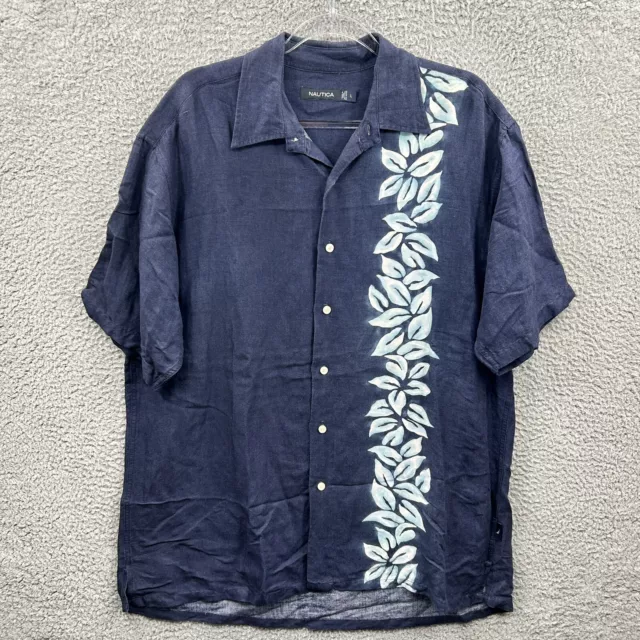 Nautica Shirt Mens Large Blue Hawaiian Button Up Linen Blend Camp Casual Adult