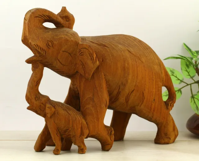 Sculpture mother elephant and baby elephant wood carving handmade wooden