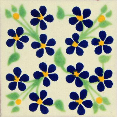Glossy "Blue Arabian Blossom" Mexican Talavera Ceramic Tiles 4x4 