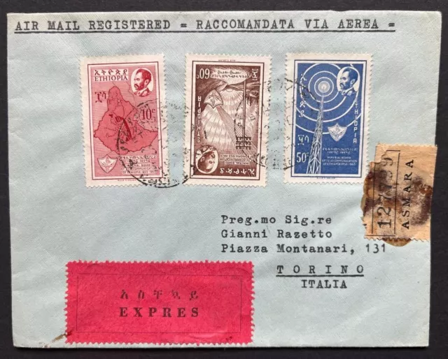 Ethiopia 1963 Air Mail Registered Express Cover Asmara to Torino,  Scott 403 - 5