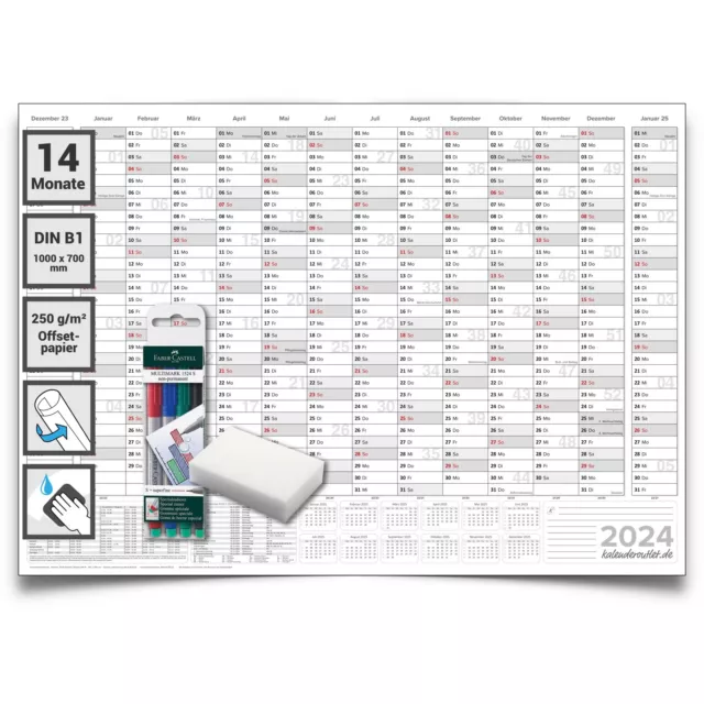 ABWISCHBAR! 14 Monate Wandkalender Wandplaner grau Jahreskalender 2024 gross XXL