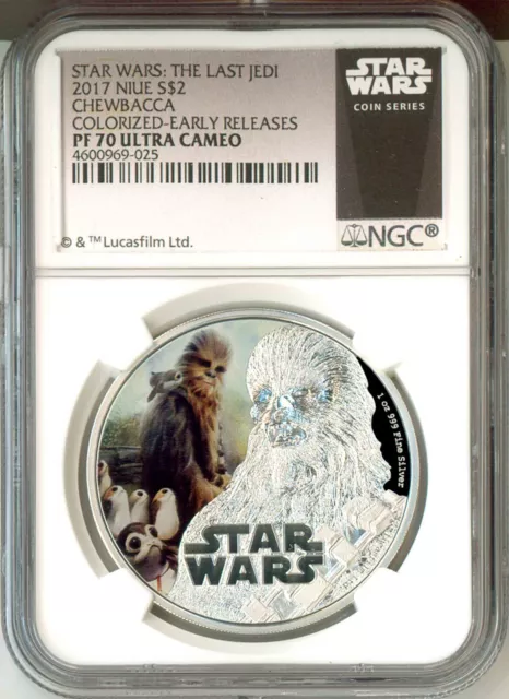 2017 Niue S$2 Star Wars The Last Jedi Chewbacca Colorized ER NGC PF70 UC