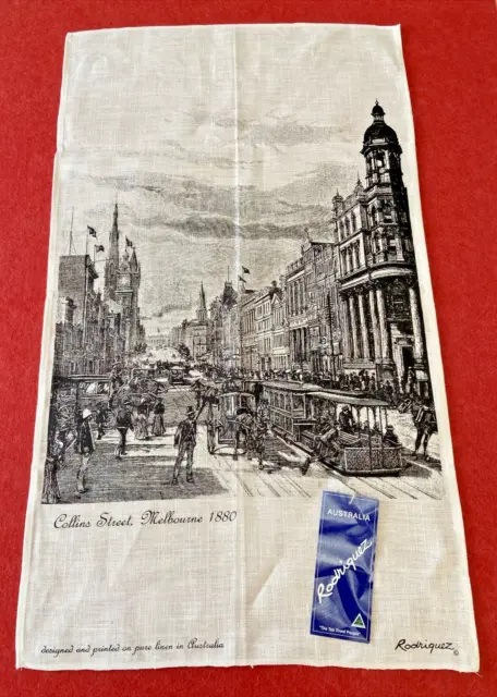 Vintage Rodriquez Tea Towel w Collins St Melbourne 1880 Pattern Art Gift Idea
