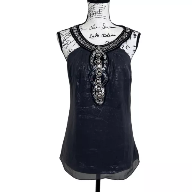 Milly of New York Women's Silk Top Sleeveless Embellished Metallic Gray Size 4