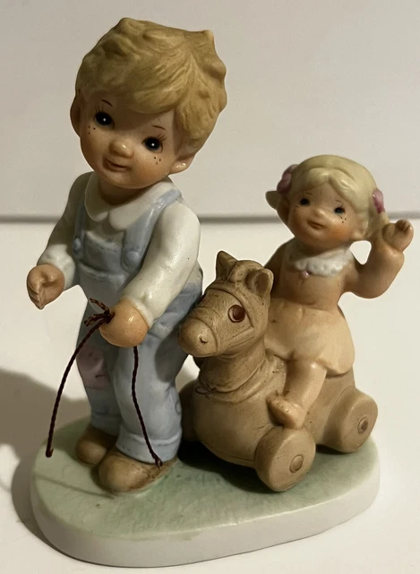 Homco Vintage Figurine Boy Pulling Girl on Toy Horse with String #1450