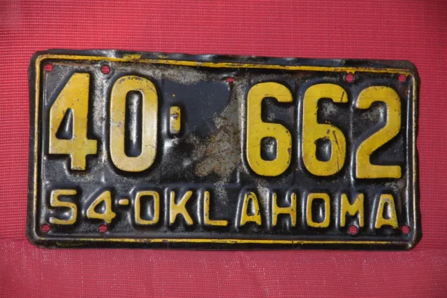 1954  OKLAHOMA  License Plate ** '54 OK  ** HEAVILY EMBOSSED STEEL / FUNKY TYPE