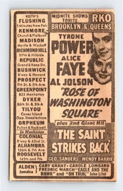 1939 ROSE OF WASHINGTON SQUARE MOVIE AD Vintage 1.75" X 3" Newspaper 1930's M324