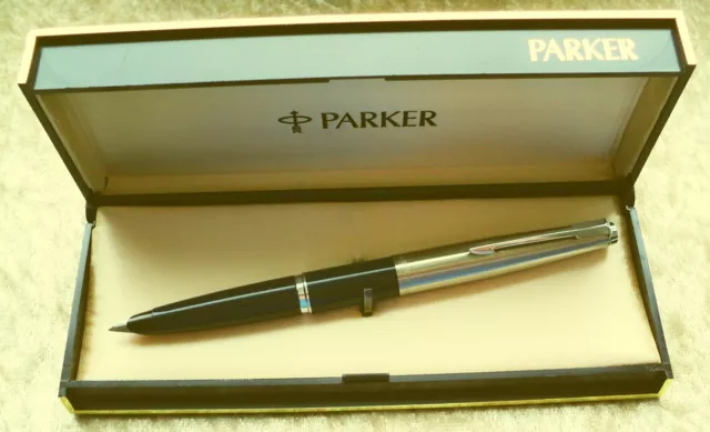 RARE PARKER "45" FOUNTAIN PEN "  CLIP WITHOUT FEATHERS "  BLACK / CHROME in BOX