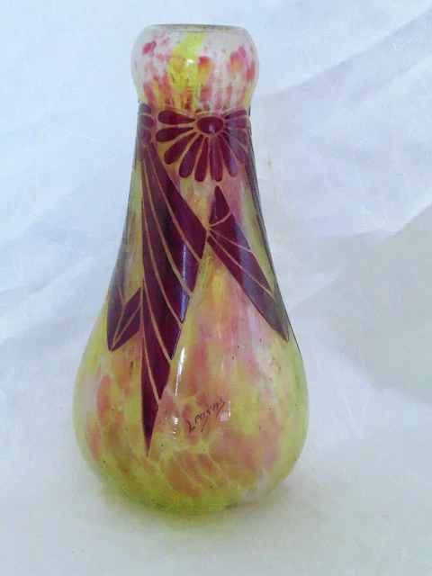 Antique Art Deco LEGRAS Signed VASE Golden RUBIS Acid Etch Floral Unusual Form