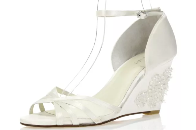 Womens MENBUR White / Beads Satin Wedding Wedge Ankle Strap Sandals Sz. 40