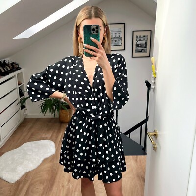 Zara Black White Polka Dot Frill Gathered Long Sleeve Mini Dress Xs Wedding