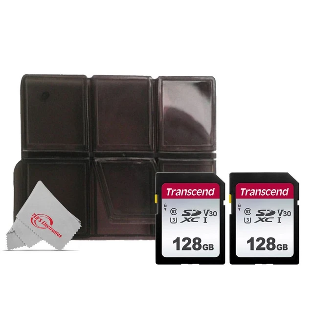 Paquete de dos paquetes Transcend SDXC 128 GB UHS -I U3 300s V30 Clase 10 con soporte para tarjetas