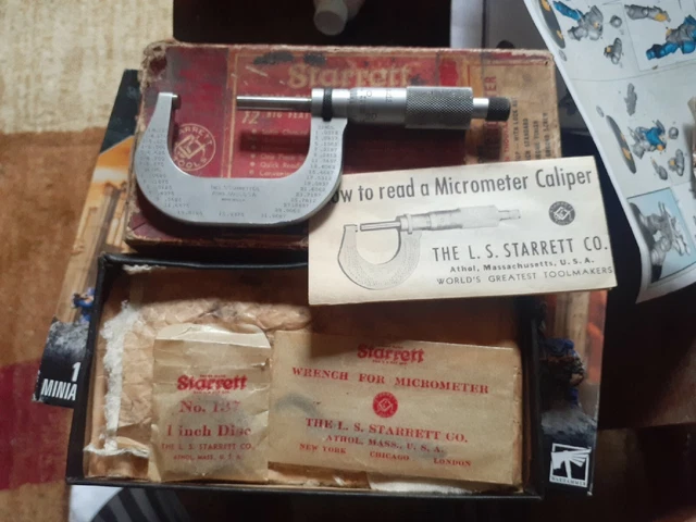 Vintage Starrett Satin Chrome Micrometer Caliper  #213 in Box w/ & Instructions