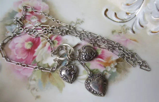 Vintage Sterling Silver Repousse Puffy Heart Charm Pendant NECKLACE Toggle Chain