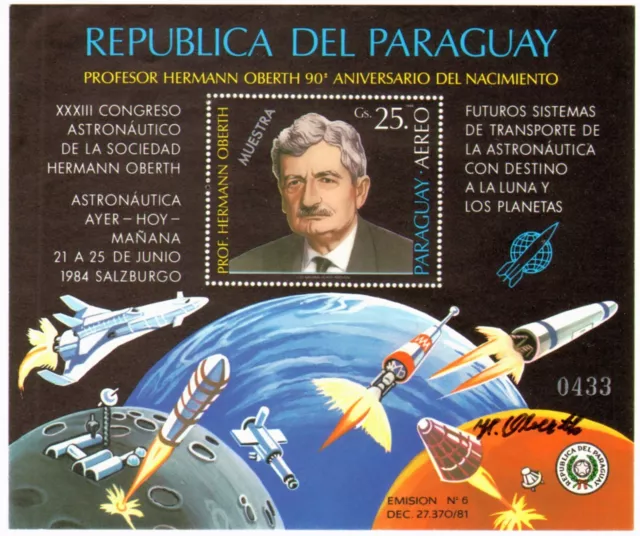 Motiv Raumfahrt: Paraguay "Hermann Oberth", Block 405 ** mit Aufdruck MUESTRA !