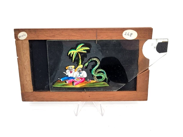 Antique Color Glass Magic Lantern SLIDING MECHANICAL SLIP SLIDE Snake at picnic!