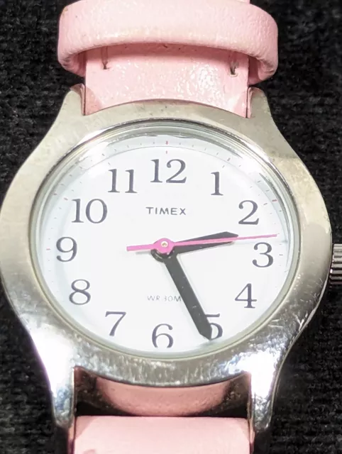 Timex Womans White Dial Round Silver Tone Case Pink Band Watch