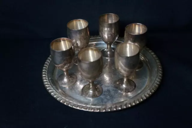 LEONARD SILVERPLATE EPNS Cordial Goblet 6 Cups 3" Tall & 1 Tray 8 1/4" Wide