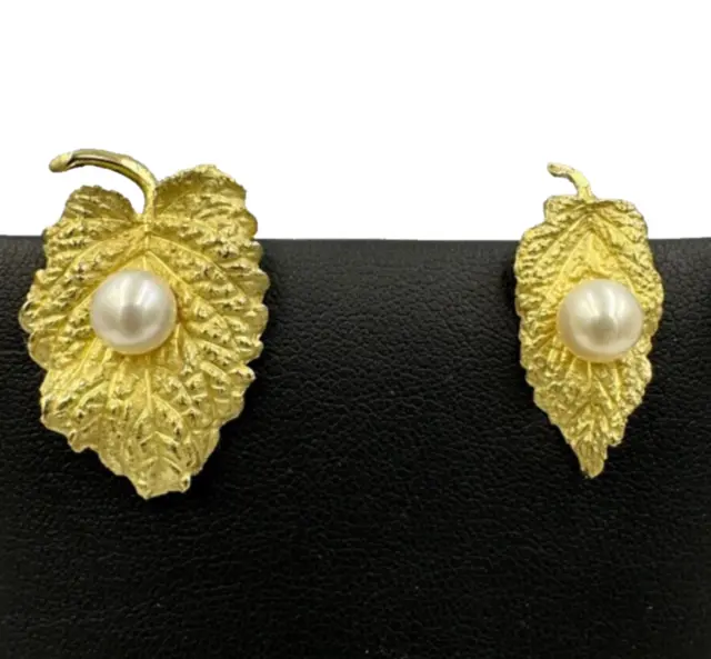 Boucles D'Oreilles Vintage '70 Asymétrique Feuille en or Jaune Massif 18K Perle