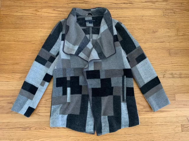 French Connection Womens sz M Open Coat Plaid Black & Gray Draped Wool Blend