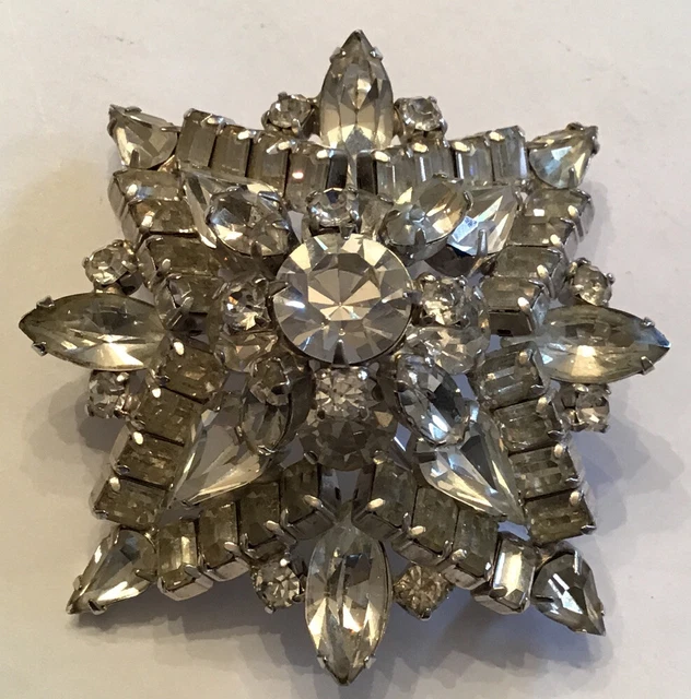Vintage Clear Crystal Glass Rhinestone Dome Tiered Brooch Pin 2" Large