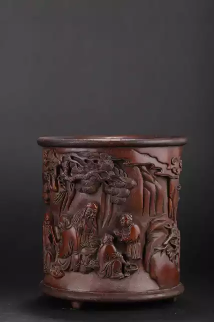 Chinese Natural Bamboo Hand-carved Exquisite Figure Story Brush Pot 三僧图笔筒af1915