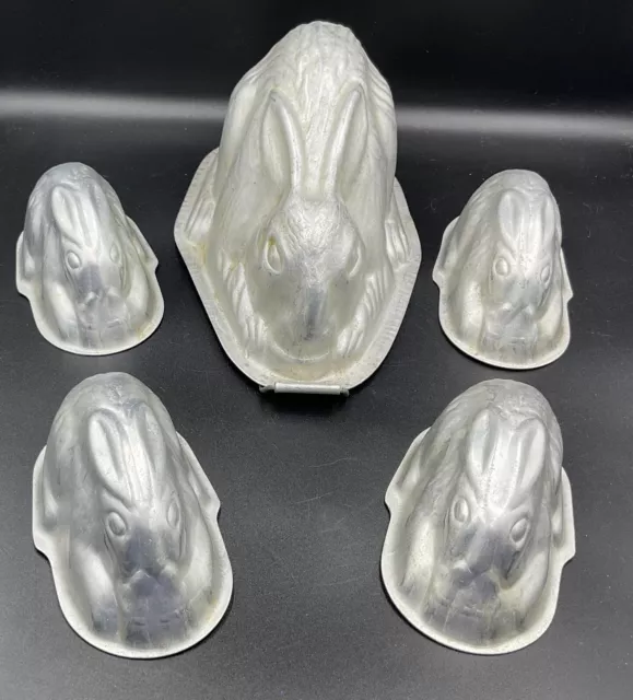 5 Vintage Metal Tin  Aluminium Rabbit Jelly Moulds. 1 Large. 4 Small