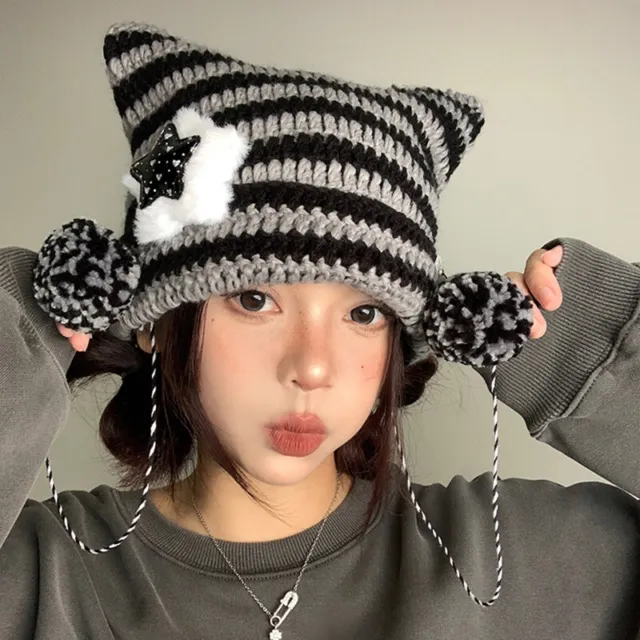 Custom Handmade Pentagram Wool Beanie Hat Ladies Autumn Spring Warm Cat Ear Knit
