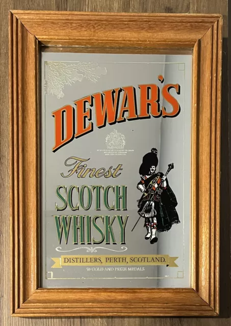 Vintage Dewar’s Scotch Fine Whisky Mirror Wood Frame Pub Breweriana 14” x 10”