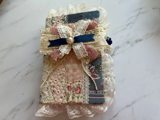Up-cycled Book And Scrap Fabric Shabby Chic Blue With Pink Lacy Journal