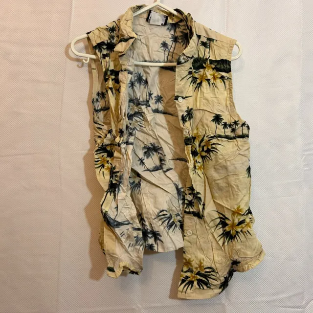 Vintage Sleeveless Blouse Womens Shirt Top Size 14 Beige Black Cotton Hawaiian