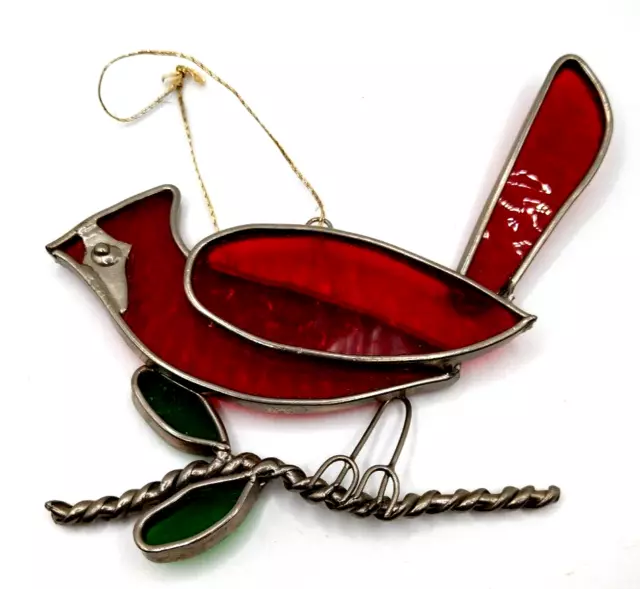 Stained Glass Red Male Cardinal Sitting Twig Sun Catcher 5"x5" Bird Lovers Gift