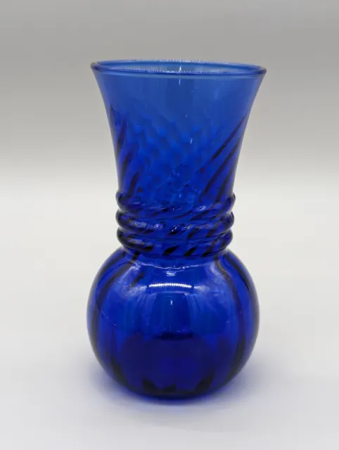 Gorgeous Vintage Hand Blown Cobalt Blue Swirl 8" Glass Vase Clear Base