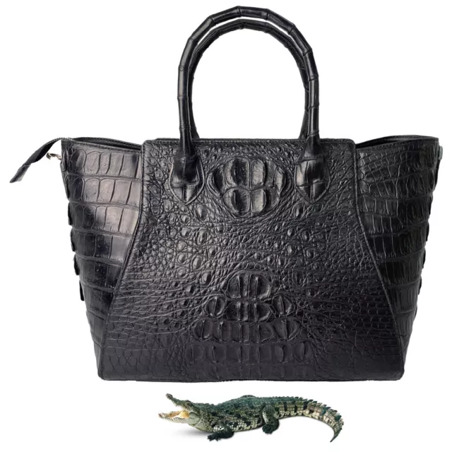 Black Alligator Tote Bag Handbag Women Leather Satchel Crossbody Bag Purse