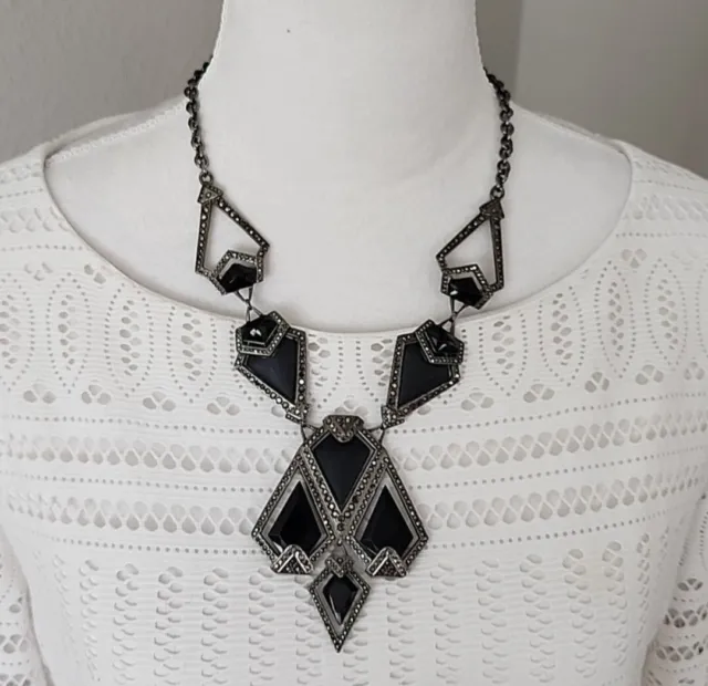 Alexis Bittar Black Warm Gray Lucite Rhodium Deco Necklace
