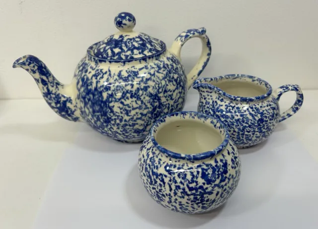 Burslem Moorland Chelsea Teapot Sugar Bowl Milk Jug Blue Spongeware Set