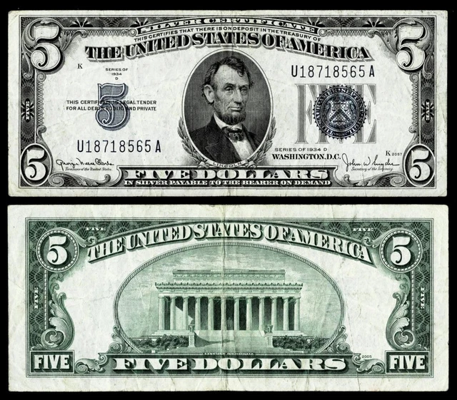 1934D $5 Silver Certificate Note~Very Fine