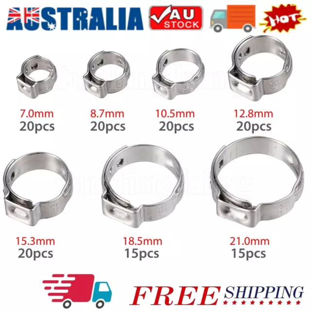 130PCS Single Ear Stepless Hose Clamps Assortment Rings Stainless Steel 7-21mm